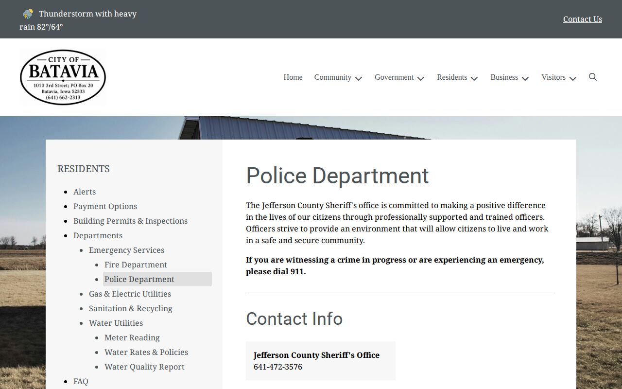 Batavia official police-service page directing residents to the Jefferson County Sheriff