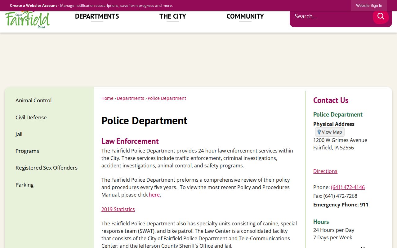 Fairfield Police Department official webpage with agency information