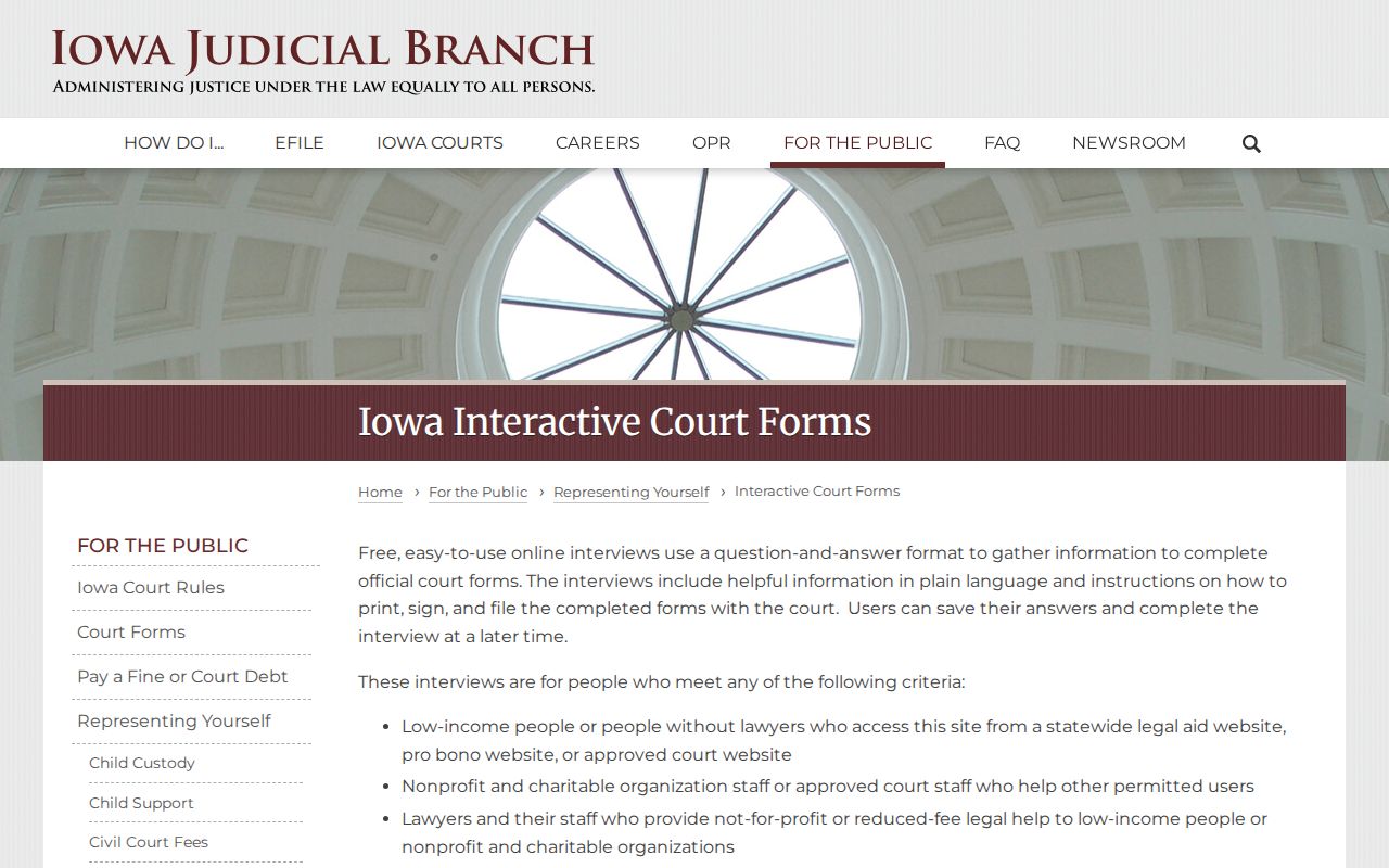 Iowa Courts interactive forms page for official court record relief forms