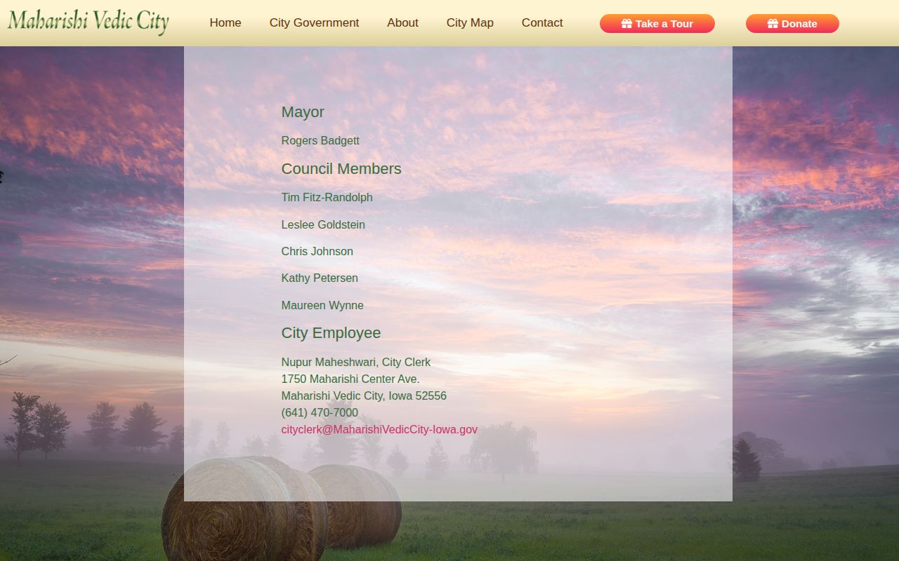 Official Maharishi Vedic City officers directory showing municipal contacts and no listed police department