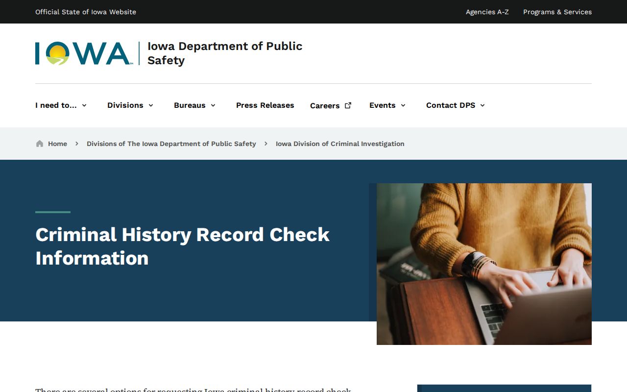 Iowa DCI criminal history record request information page